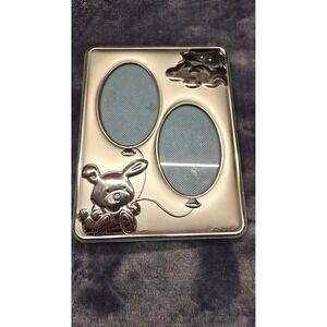 Saga Silver Plated Teddy Bear Double Oval Photo Frame Blue Velvet Back Baby Gift
